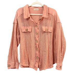 Light Pink Crochet Button-Up Blouse | 2X